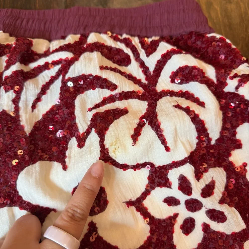 J. Crew Collection Tropical Sequin Pants Hibiscus Floral Burgundy Vacation